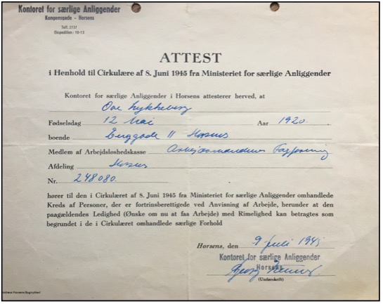 Arbejds attest 1945
